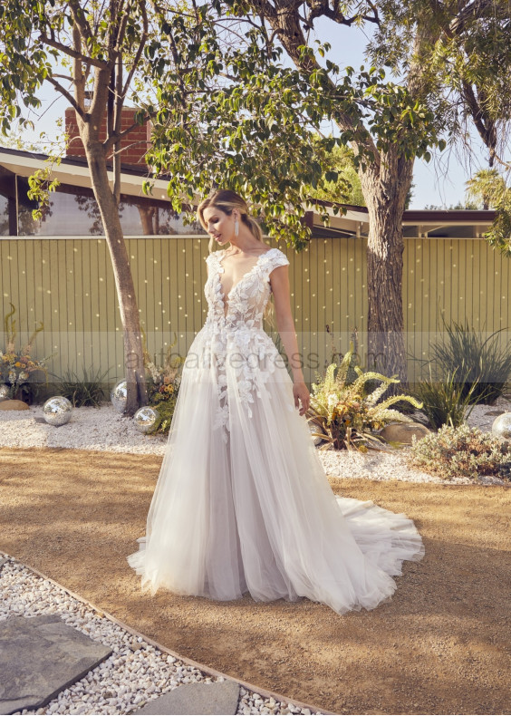 Cap Sleeves Ivory Lace Tulle V Back Floral Wedding Dress